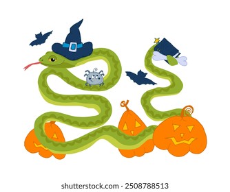 Green snake in blue witch hat holds spell book and bone in its tail. Near snake are jack-o-lanterns, bats and spider. Vector flat illustration, halloween