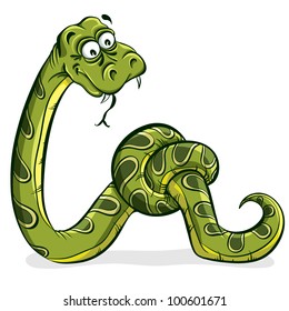 Green snake cartoon tied up in a knot, vector.
