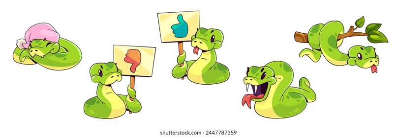 Green snake characters set isolated on white background. Vector cartoon illustration of cute serpent mascots sleeping in hat, showing like and dislike banners, angry, hanging on tree branch in zoo svg