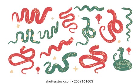 Green snake Chinese New Years symbol set. Cny zodiac snake lunar 2025 collection isolated on white background. Vector hand drawn flat illustration