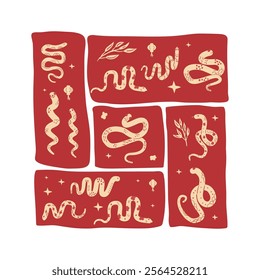 Green snake Chinese New Years square emblem symbol. Cny zodiac snake lunar 2025 modular poster isolated on white background. Vector hand drawn flat illustration