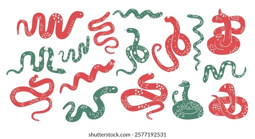Green snake Chinese New Years symbol set. Cny zodiac snake lunar 2025 collection isolated on white background. Vector hand drawn flat illustration