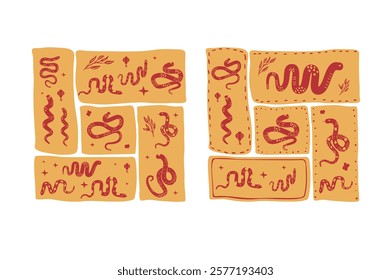 Green snake Chinese New Years square emblem symbols set. Cny zodiac snake lunar 2025 red and gold modular poster isolated on white background. Vector hand drawn flat illustration