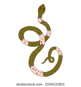 Serpiente verde con círculos y estrellas sobre fondo blanco. Colorido estilizado Vector de moda ilustración aislada dibujado a mano. Cartel o tarjeta Abstractas. Año de la serpiente