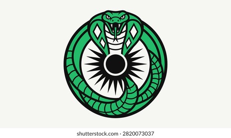 Green snake coiled around a black sun symbol, showcasing a bold design with a mystical vibe
