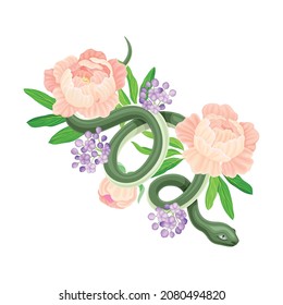 Green snake coiled around bouquet of flowers vector illustration