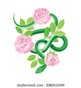 Green snake coiled around pink rose flowers vector illustration