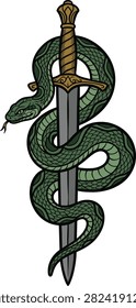 Green snake coiled around sword emblem symbolic power and protection