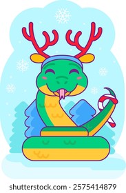 Green snake coiled in rings in headband with reindeer antlers and striped candy. Symbol of 2025 Chinese calendar year. Cartoon vector sticker on blue snowy background