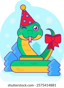 Green snake coiled in rings red cone shaped hat and tail decorated with bow winks playfully. Symbol of 2025 Chinese calendar year. Cartoon vector sticker on blue snowy background