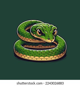 Green snake crawling character logo mascot badge in cartoon vector flat color style illustration