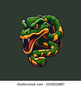 Green snake crawling character logo mascot badge in cartoon vector flat color style illustration