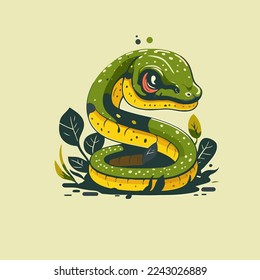 Caracteres de gateo de serpiente verde símbolo de mascota en la ilustración de estilo de color plano vectorial de dibujos animados