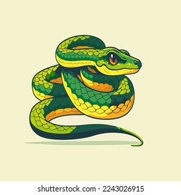 Green snake crawling character logo mascot badge in cartoon vector flat color style illustration