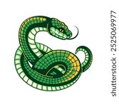 Green snake. Curve cartoon python or anaconda with scaly skin. Cute cunning asp vector illustration for any serpent design.