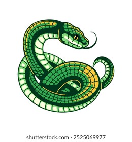 Cobra verde. Python curvo ou anaconda com pele escamosa. Ilustração de vetor de asp astúcia bonito para qualquer design de serpente.