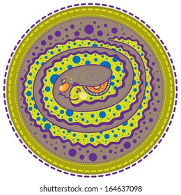 Green snake with dark blue dots on the body holding an apple in the language at the round dark background with purple dots. Part of the green background with dotted lines.