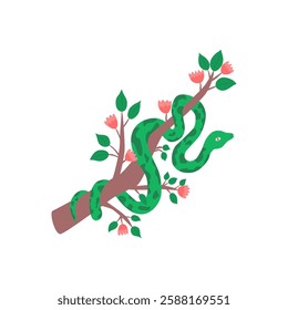 A green snake is elegantly coiled around a branch with pink flowers in a flat illustration.