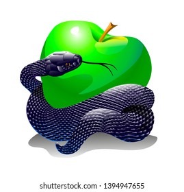 Green snake entwined around a green apple