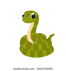 Green snake in flat style. Cartoon illustration of a viper on a white background. Kids illustration. Symbol of the 2025 year.