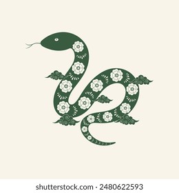 Green snake with flower pattern and clouds. Symbol of the New Year 2025. Vector illustration