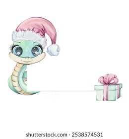 Green snake girl with crown and green gift box, pink bow. Watercolor frame, border with Symbol of Chines New Year 2025 in cute cartoon style for souvenirs, printing, packaging