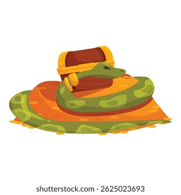 Cobra verde está guardando um baú de tesouro de madeira e moedas de ouro em uma ilha tropical