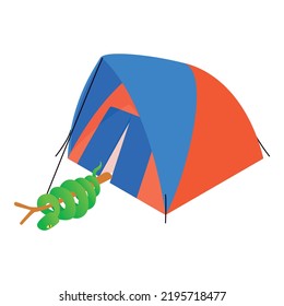 Icono de serpiente verde vector isométrico. Boa de árbol cerca de una colorida carpa de campamento moderna. Camping, ecoturismo, descanso de verano, recreación, viaje