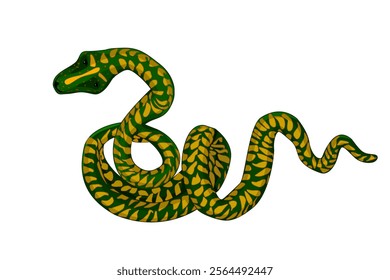 Green snake isolated on white background. Large coiled serpent with yellow spots. Long big python. Cobra, rattlesnake or anaconda symbol. Pictogram of rattler or viper. Stock vector illustration