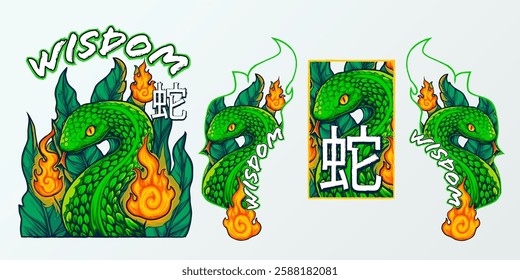 Green Snake Leaf With Fire in Package Illustration