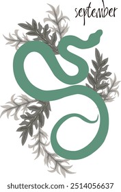 Green snake in leaves, print for shoppers, mugs, notebooks, posters, T-shirts, calendars. Snake poster with lettering of month name. Poster with Year of the Snake 2025. William Morris