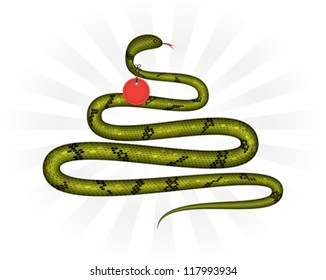 Green snake like Christmas tree and red label like Christmas bauble. Vector illustration