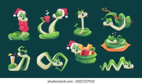 Green snake. Lizards in action poses new year 2025 symbols cartoon mascots snakes exact vector illustrations set