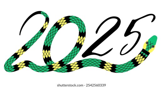 Green snake and the numbers represent the inscription 2025. The snake wriggles and forms the first two digits. The digital designation of the year according to the Eastern Chinese horoscope. EPS 10