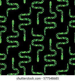 Green snake on black seamless pattern vector. Serpent fabric print wild reptile animal.