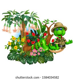 Green Snake On Tree Branch With Tropical Plants Cartoon Set for your design