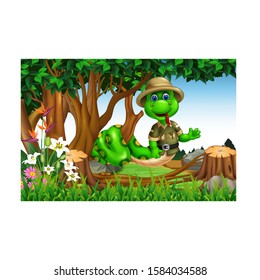 Green Snake On Tree Branch In Forest With Tropical Flowers Cartoon
