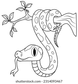 Green snake on tree branch line art