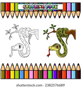 Green snake on tree branch for coloring book