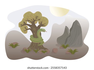 Green snake on the tree close to mountains, vector colorful illustration