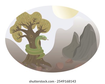 Grüne Schlange auf dem Baum, ein großes Reptil wickelt sich um eine Eiche, Vektorfarben-Illustration
