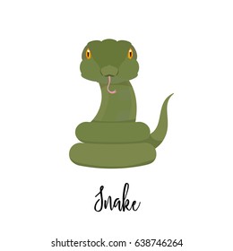 Green snake painted in a child's flat style. Serpent on a white background. Year of the snake. Chinese horoscope. Cobra, viper, anaconda. Animal. Vector.