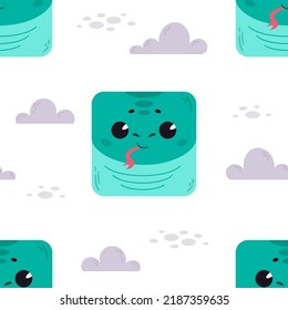 The green snake. Pattern with cute cartoon animals. Kawaii children's print with pets. Vector illustration for fabric, paper, wallpaper, packaging