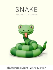 Green snake in realistic cartoon style. Striped reptile on colored background