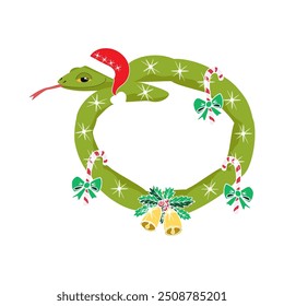 Green snake in a red cap, coiled into a ring. Snake in the shape of a Christmas wreath with bells and sugar cane decorations. Vector flat illustration, symbol of 2025