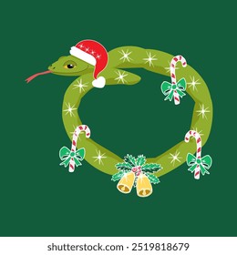 Green snake in a red cap, coiled into a ring. Snake in the shape of a Christmas wreath with bells and sugar cane decorations jn green background. Vector flat illustration, symbol of 2025