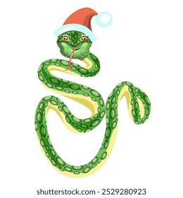 A green snake in a red Christmas hat, isolated on a white background.Vector illustration, symbol of the year 2025.For textiles, postcards.