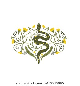 Green snake retro composition with flowers. Vector hand drawn flat illustration.