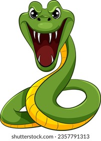 A green snake with scales and sharp teeth is ready to bite, isolated in a vector cartoon illustration style