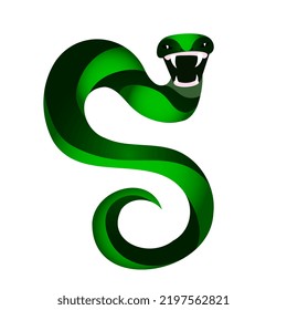 Green snake with sharp fangs vector illustration in flat cartoon style isolated on white background